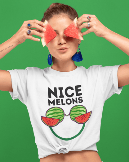 woman wearing funny graphic t-shirt which reads "nice melons"