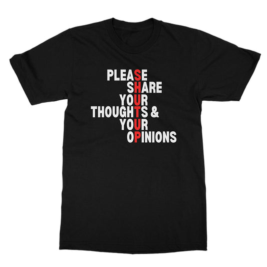 please share your thoughts and opinions t shirt black